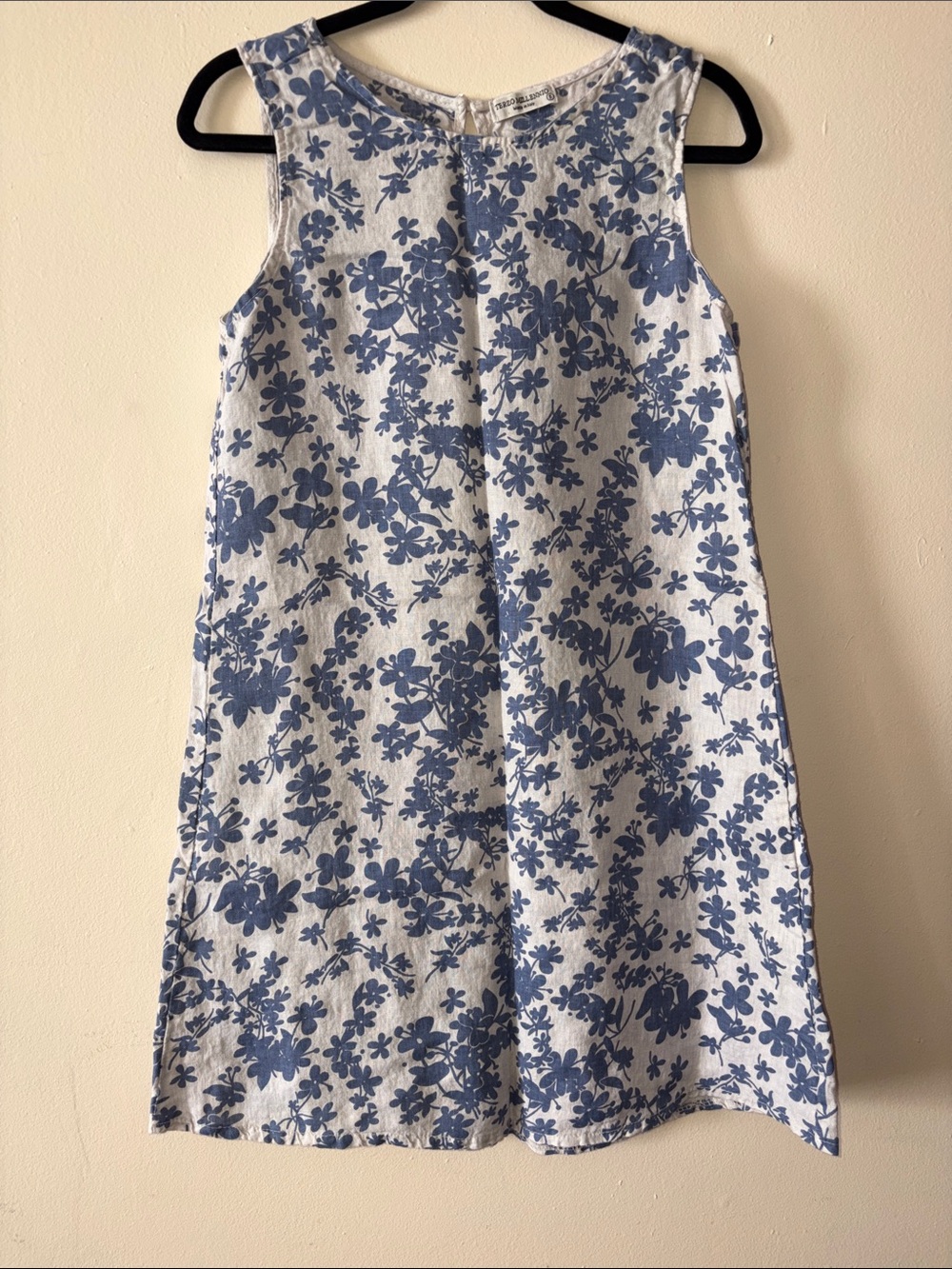 Sleeveless White and Blue Floral Mini Dress